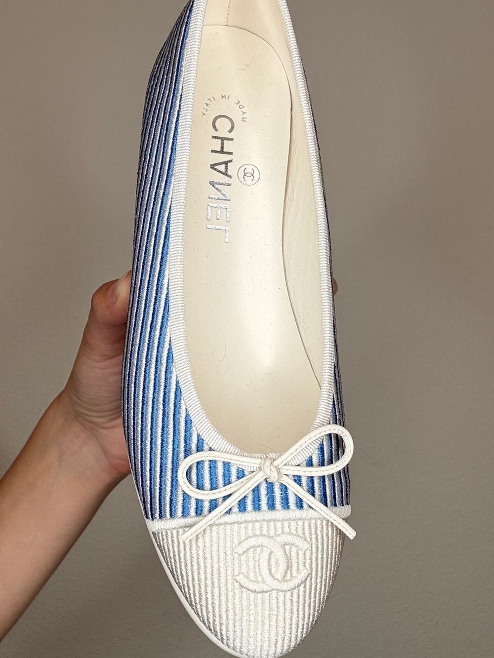 CHANEL Blue & White Striped Canvas Ballet Flats with Bow - Picture 3 of 5